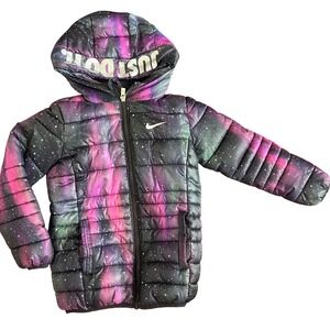 Nike Kids Puffer Jacket Coat Galaxy Stars Hooded Full Zip Size 5/Small Cozy